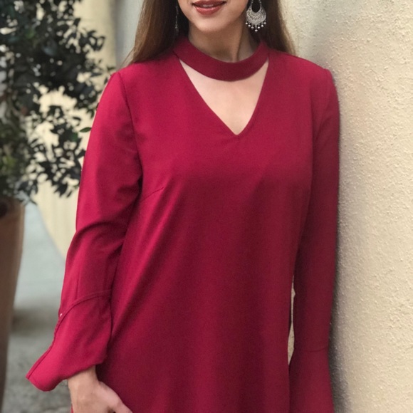 Crimson skater dress w/choker & v-neck, Gorgeous! Sz M - Picture 3 of 16